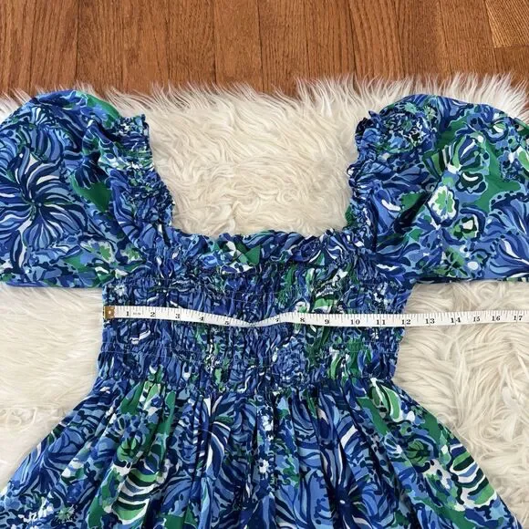 Lilly Pulitzer Beyonca Smocked Floral Mini Dress Women’s Small Blue Green Pocket - Picture 7 of 13